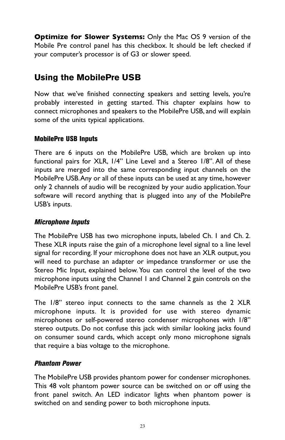 Using the mobilepre usb, Mobilepre usb inputs, Microphone inputs | Phantom power | M-AUDIO MobilePre USB User Manual | Page 23 / 29