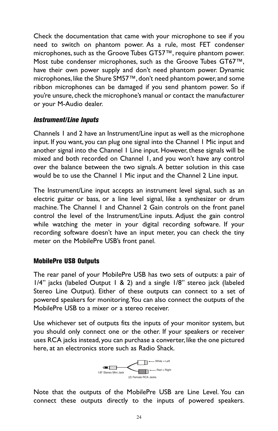 Instrument/line inputs, Mobilepre usb outputs | M-AUDIO MobilePre USB User Manual | Page 24 / 29