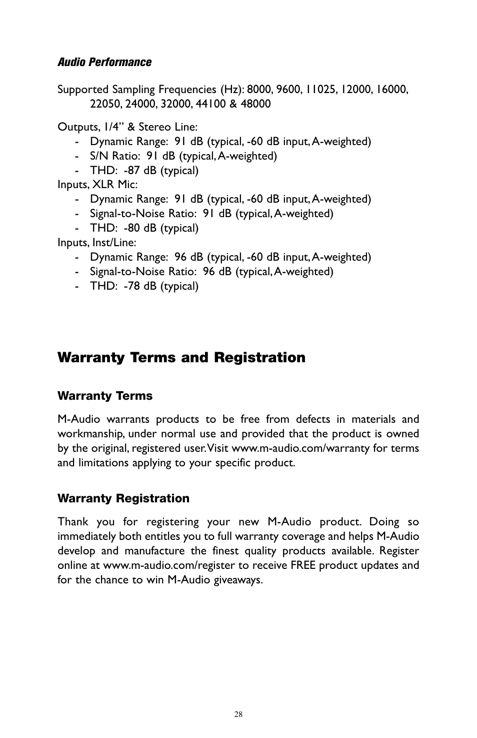 Technical specifications, Warranty terms and registration | M-AUDIO MobilePre USB User Manual | Page 28 / 29