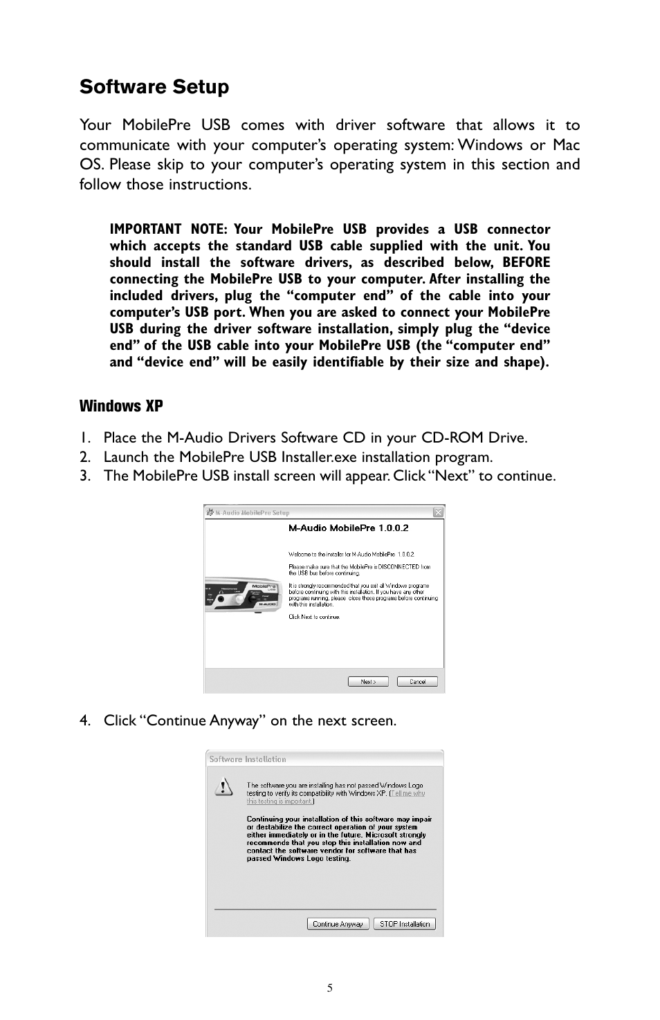 Software setup, Windows xp | M-AUDIO MobilePre USB User Manual | Page 5 / 29