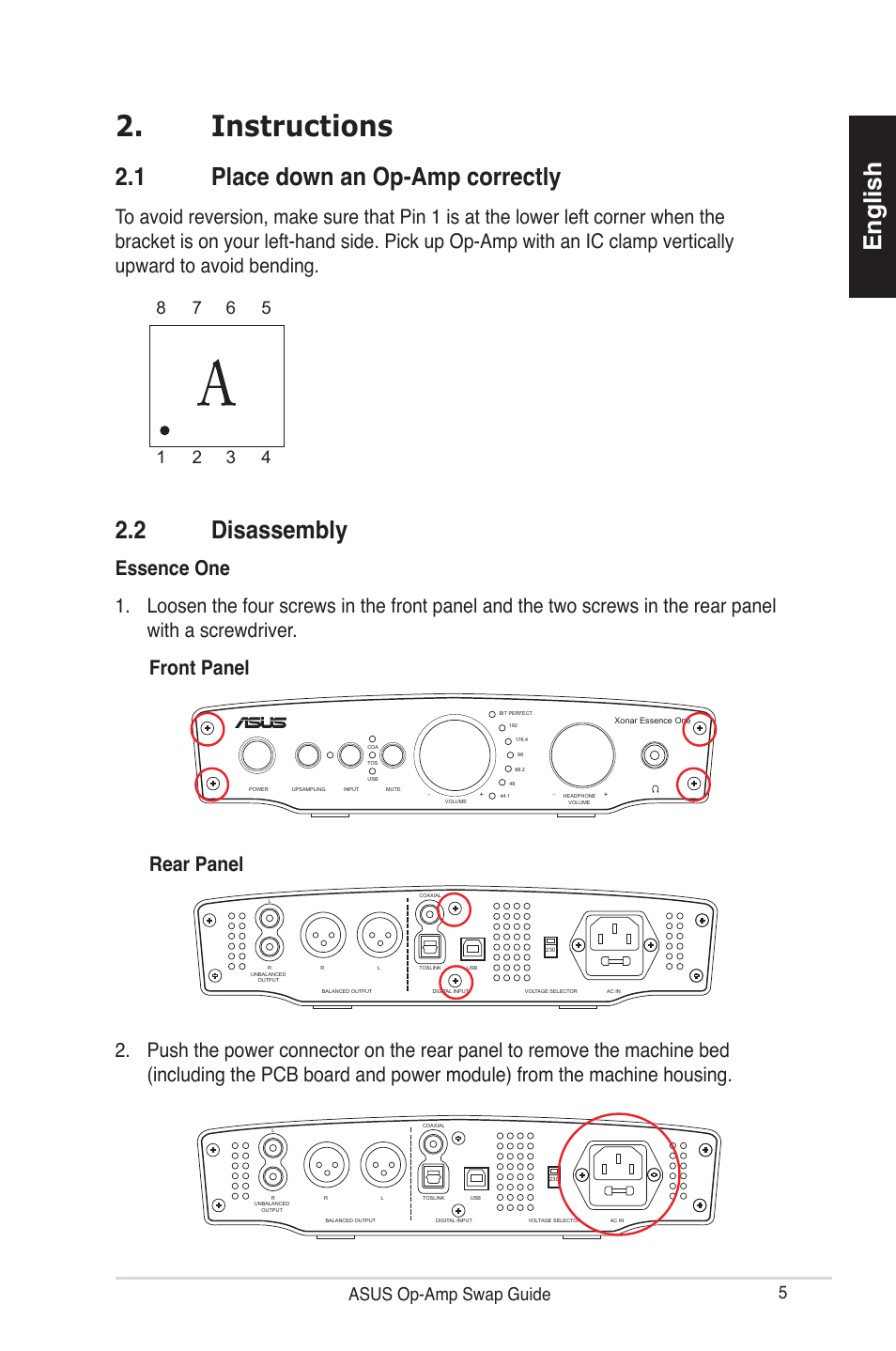 Instructions, English 2.2 disassembly, 1 place down an op-amp correctly | Asus op-amp swap guide | Asus Xonar Essence One User Manual | Page 5 / 7