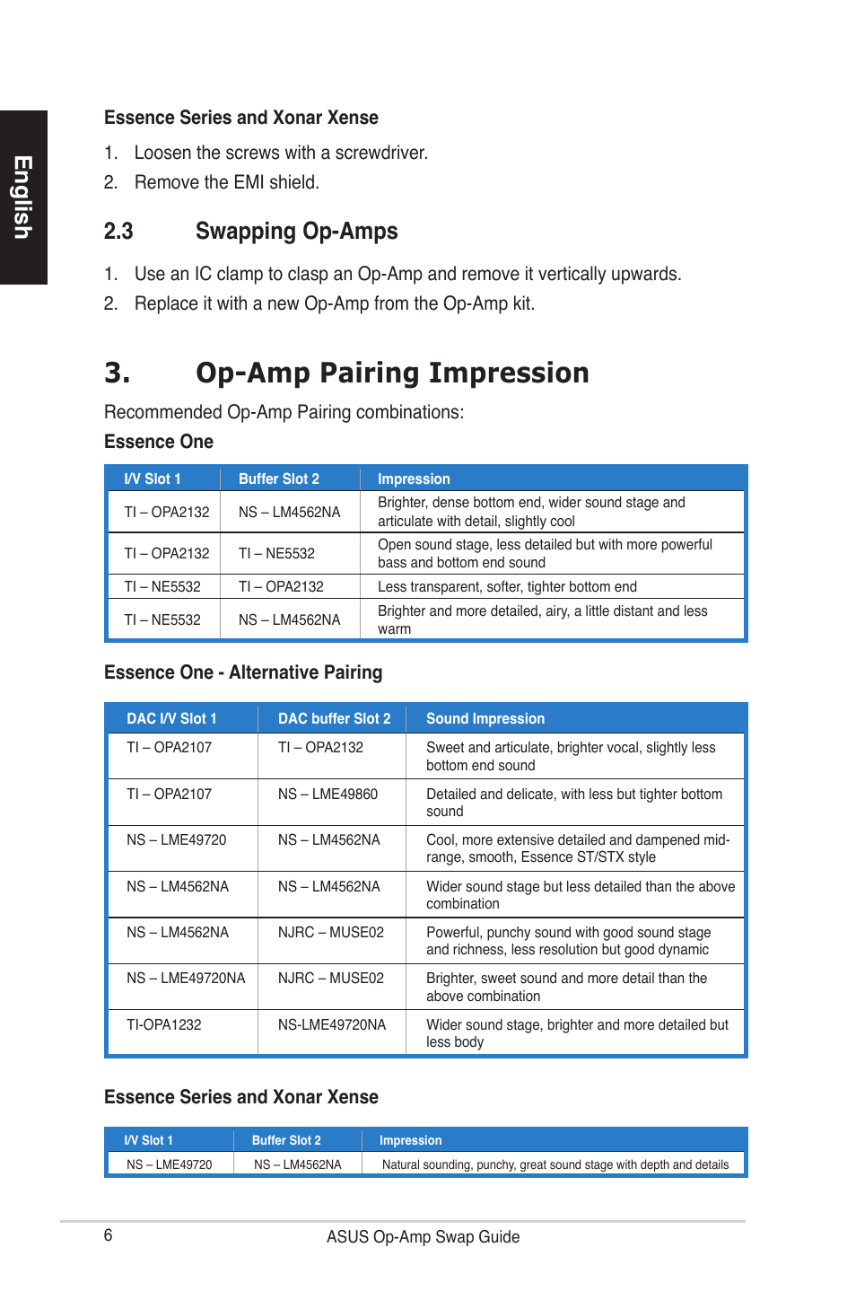 Op-amp pairing impression, English, 3 swapping op-amps | Essence one - alternative pairing, Essence series and xonar xense | Asus Xonar Essence One User Manual | Page 6 / 7