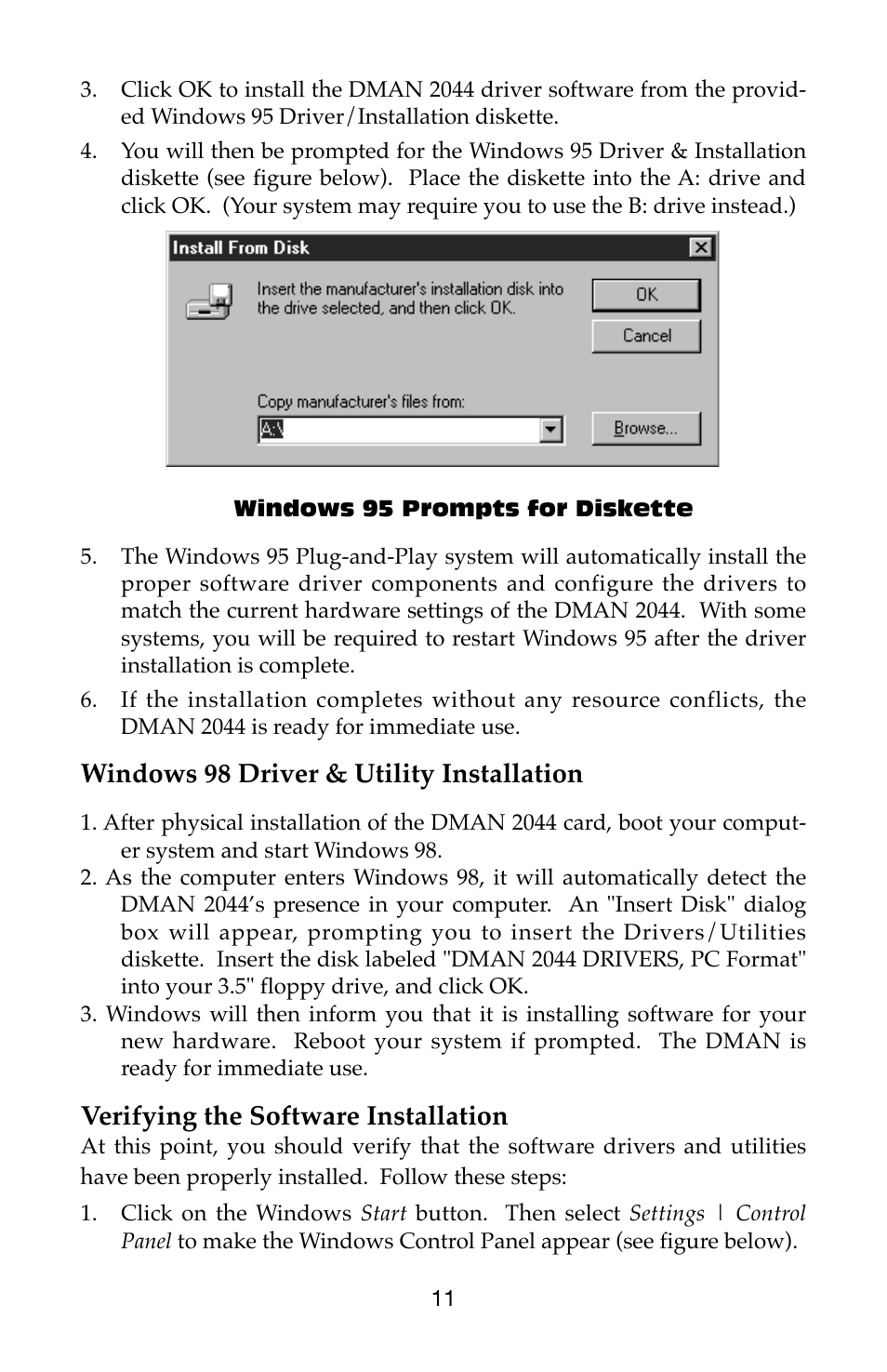 Windows 98 driver & utility installation, Verifying the software installation | M-AUDIO Dman 2044 User Manual | Page 11 / 36