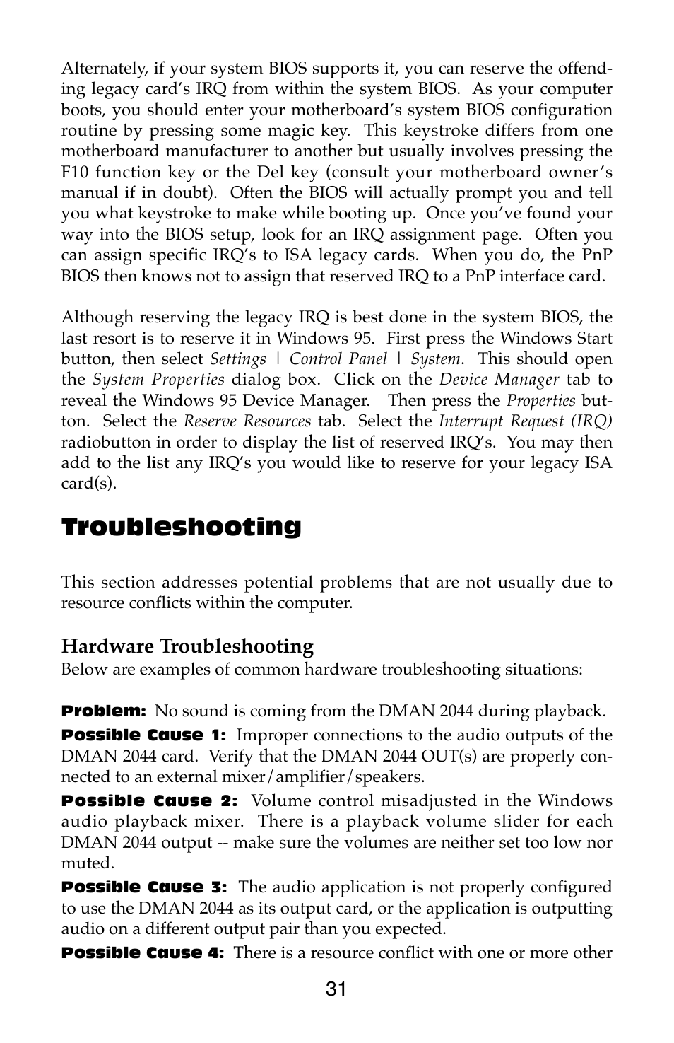 Troubleshooting, Hardware troubleshooting | M-AUDIO Dman 2044 User Manual | Page 31 / 36