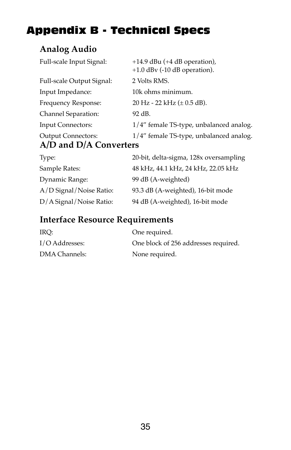 Appendix b - technical specs, Analog audio, A/d and d/a converters | Interface resource requirements | M-AUDIO Dman 2044 User Manual | Page 35 / 36