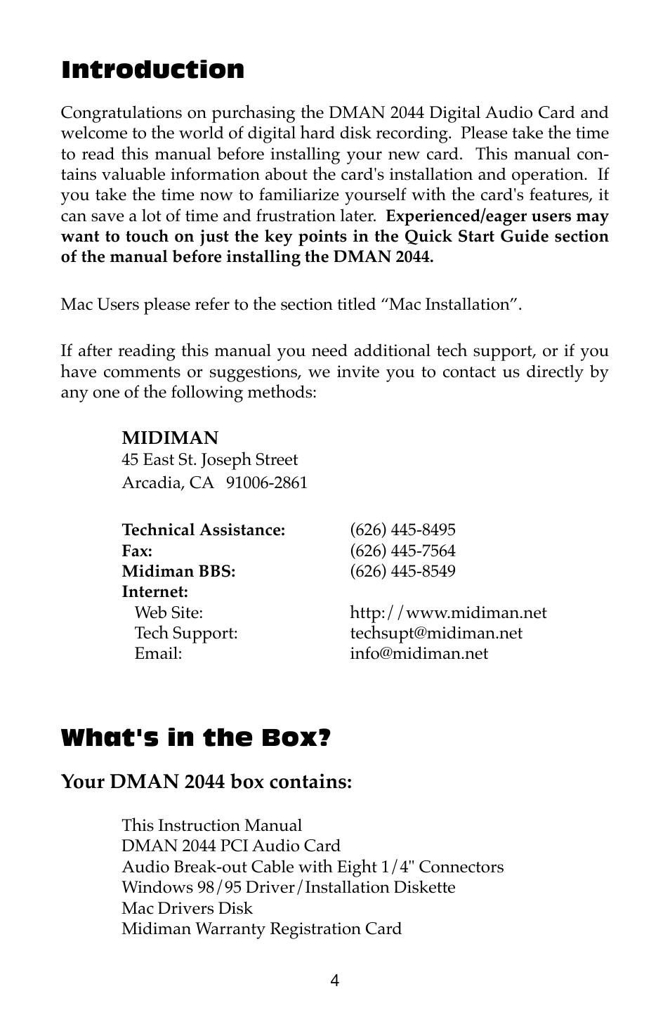 Introduction, What's in the box | M-AUDIO Dman 2044 User Manual | Page 4 / 36