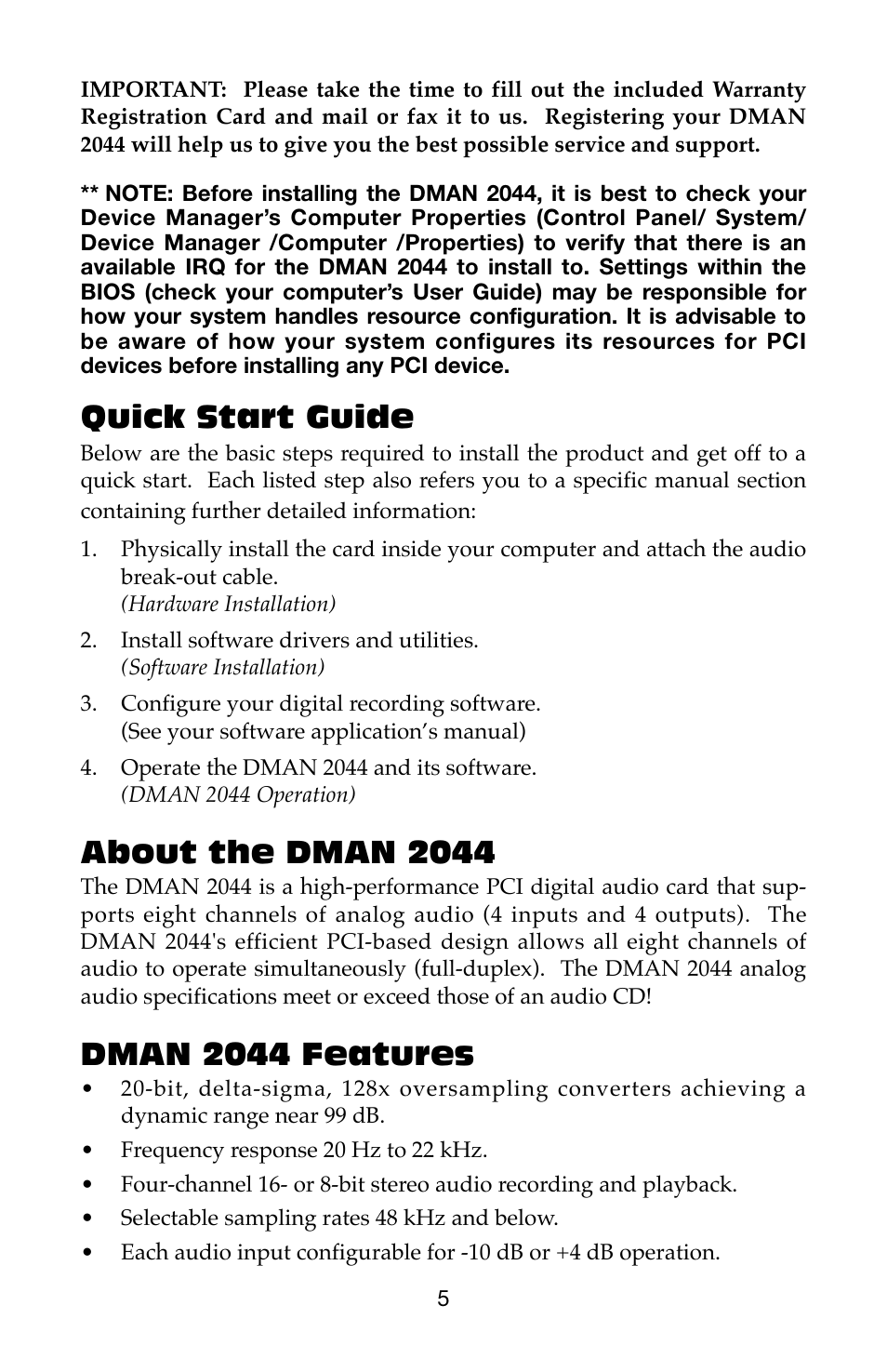 Quick start guide, About the dman 2044, Dman 2044 features | M-AUDIO Dman 2044 User Manual | Page 5 / 36