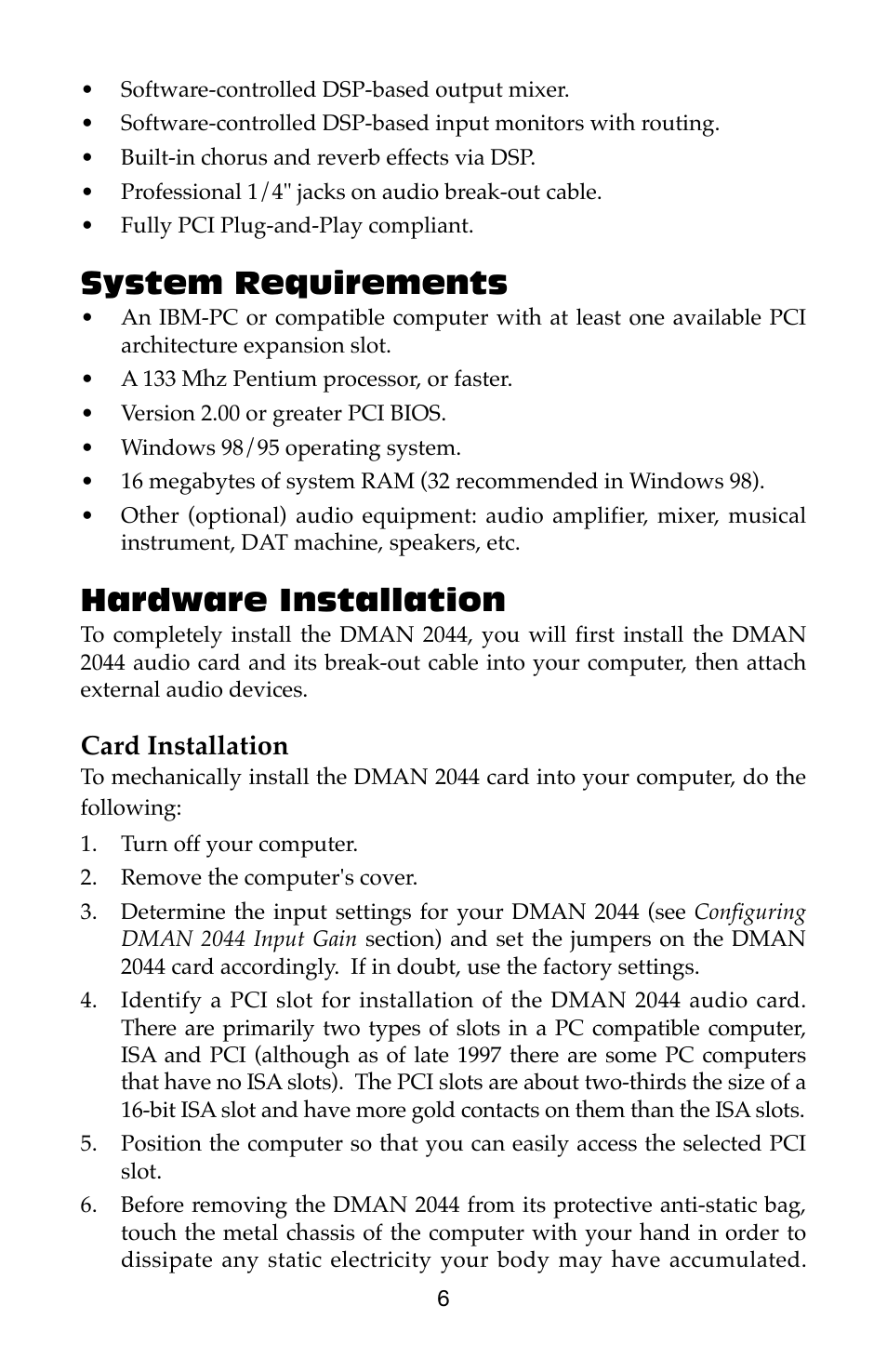 System requirements, Hardware installation | M-AUDIO Dman 2044 User Manual | Page 6 / 36