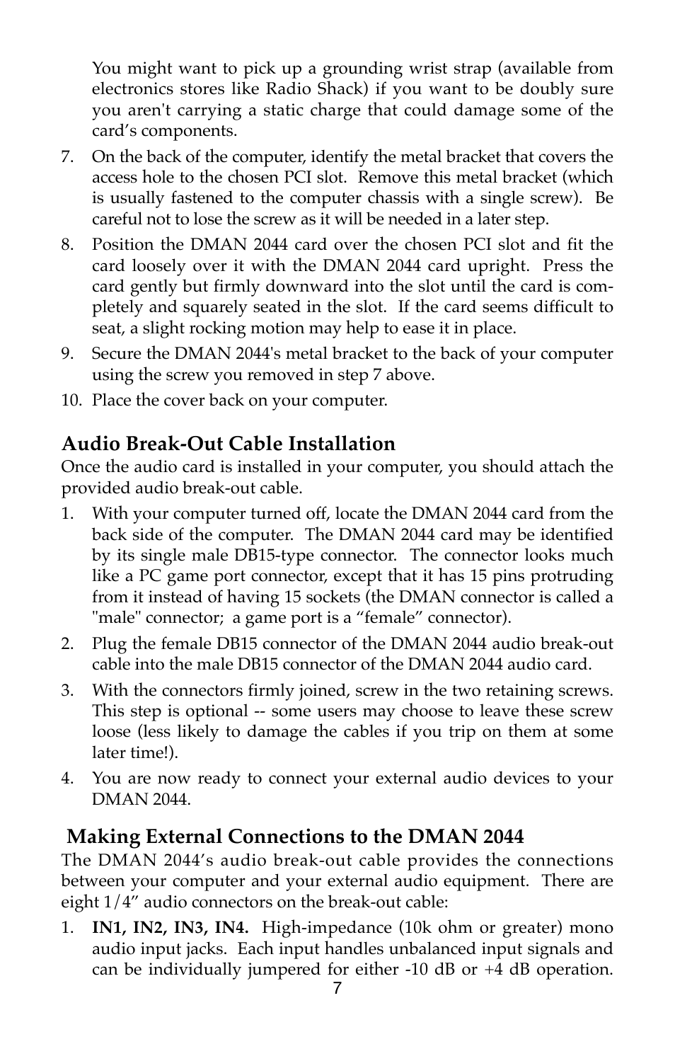 Audio break-out cable installation, Making external connections to the dman 2044 | M-AUDIO Dman 2044 User Manual | Page 7 / 36