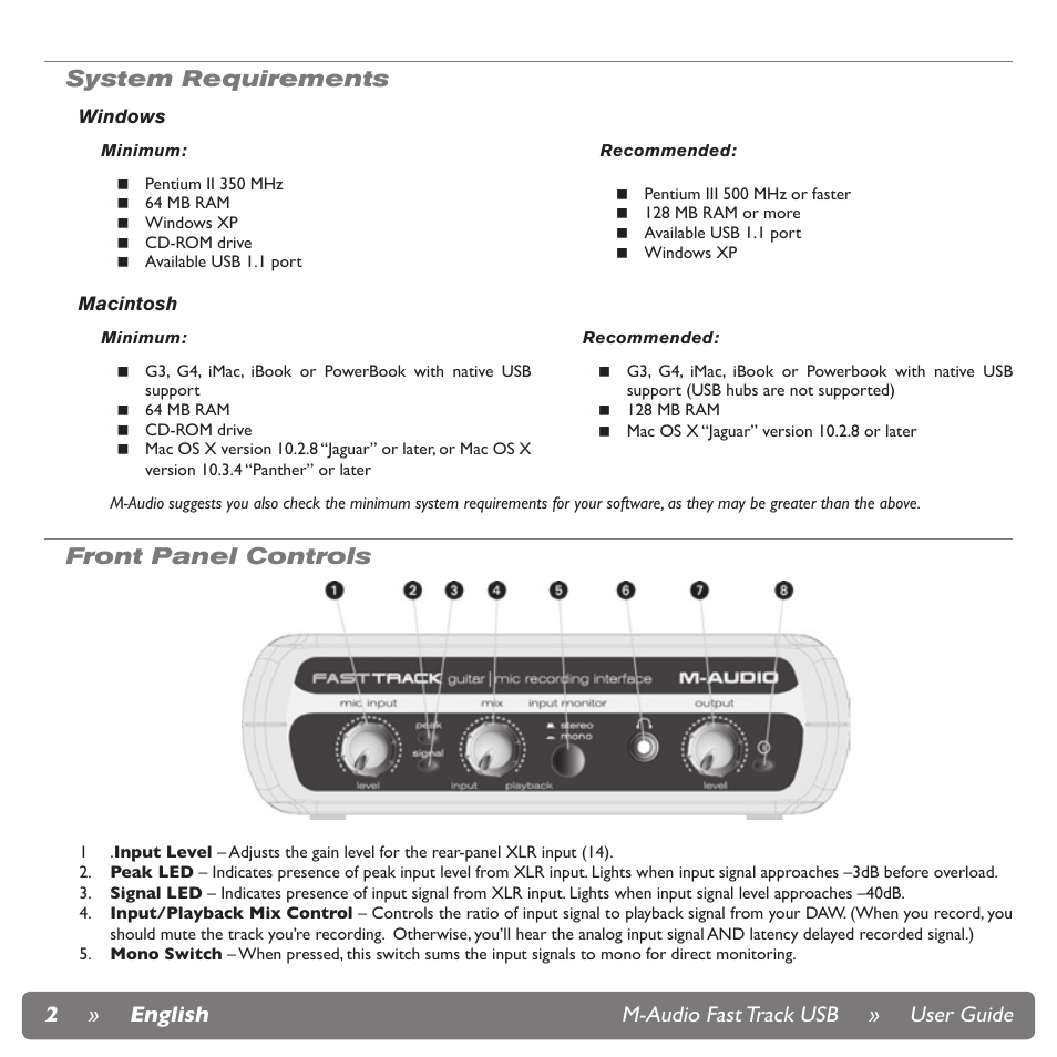 System requirements, Front panel controls | M-AUDIO Fast Track USB User Manual | Page 3 / 9