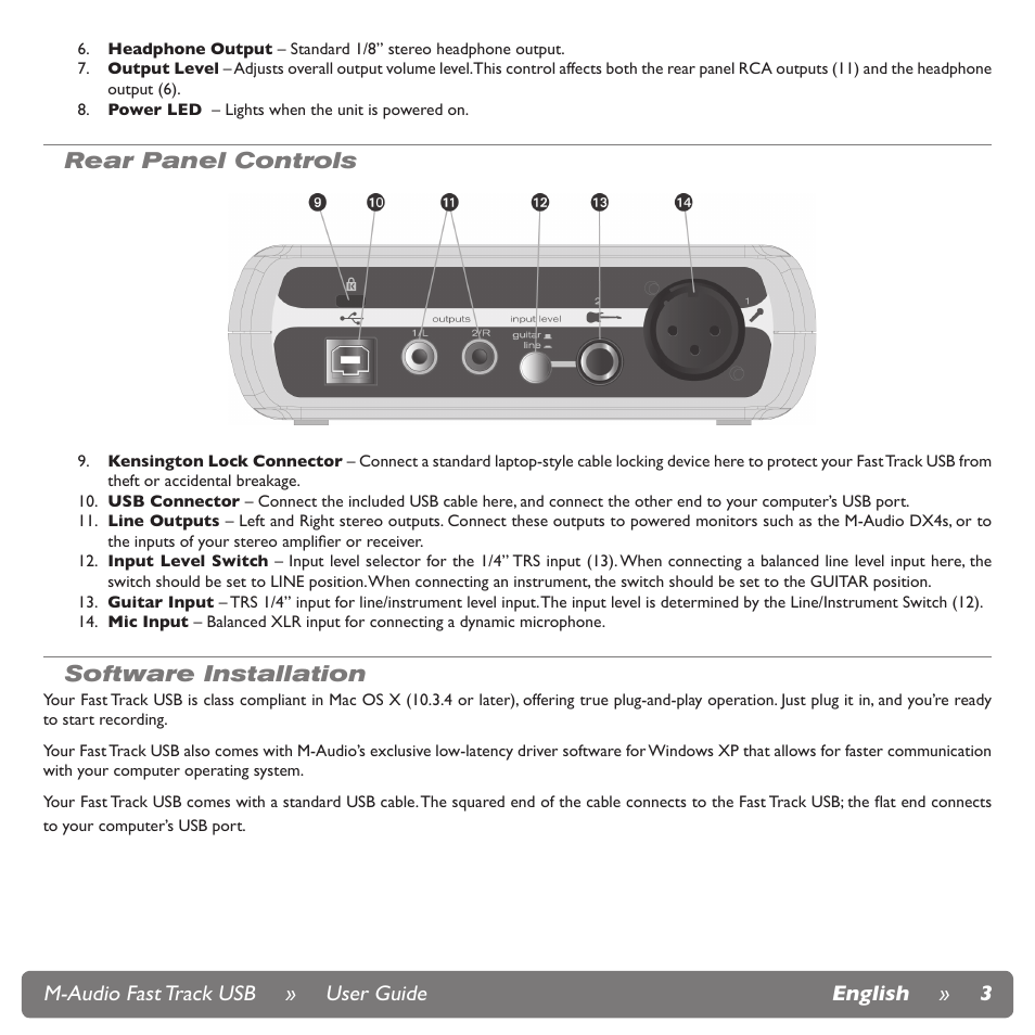 Rear panel controls, Software installation, M-audio fast track usb » user guide english » 3 | M-AUDIO Fast Track USB User Manual | Page 4 / 9