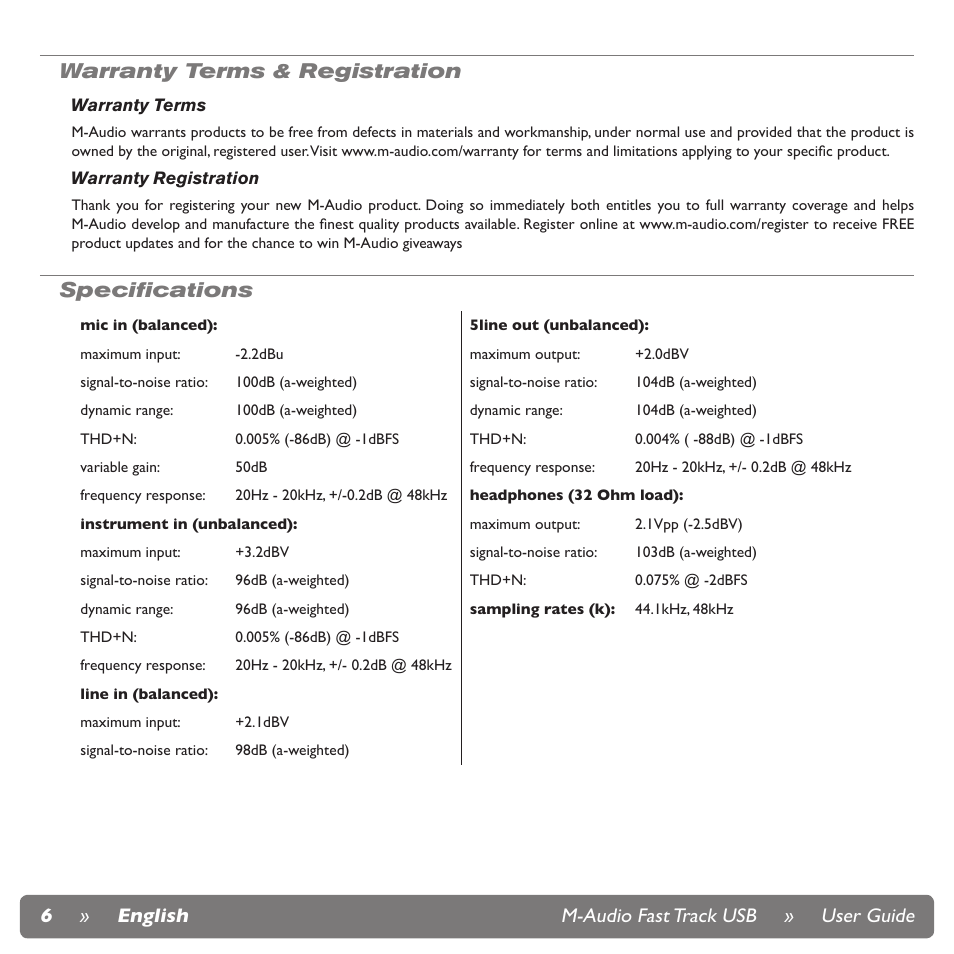 Warranty terms & registration, Specifications, Speciﬁcations | M-AUDIO Fast Track USB User Manual | Page 7 / 9