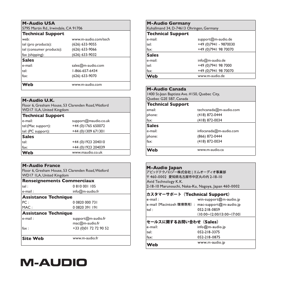 Contact | M-AUDIO Fast Track USB User Manual | Page 9 / 9