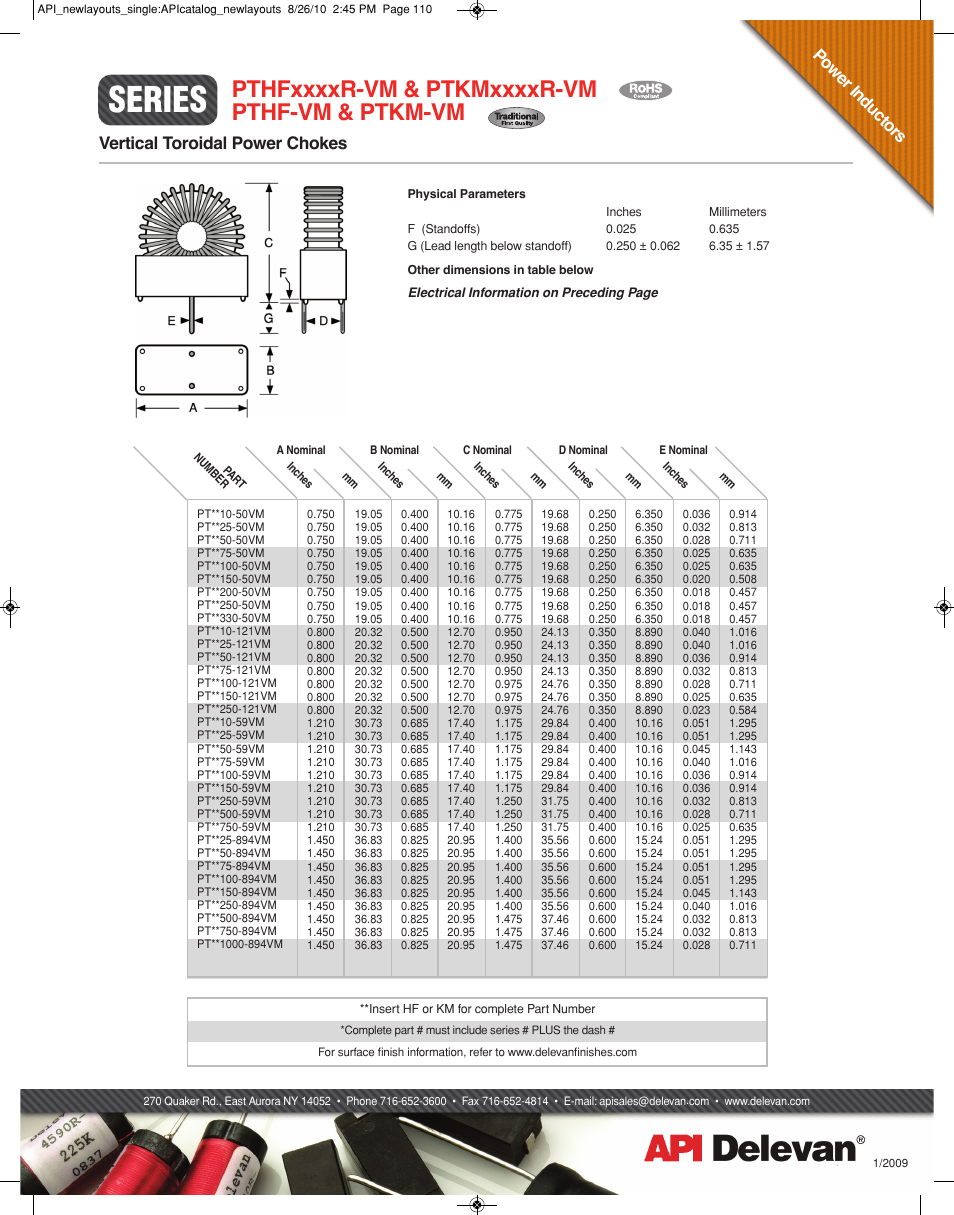 Series, Po w er i nd uc to rs, Vertical toroidal power chokes | API Delevan PTKM-VM & PTKMxxxxR-VM User Manual | Page 2 / 2