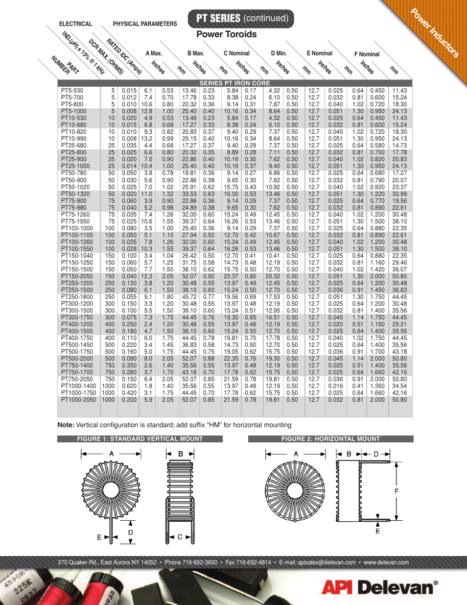 Pt series, Po w er i nd uc to rs, Continued) | Power toroids | API Delevan PT & PTxxxxR User Manual | Page 2 / 4