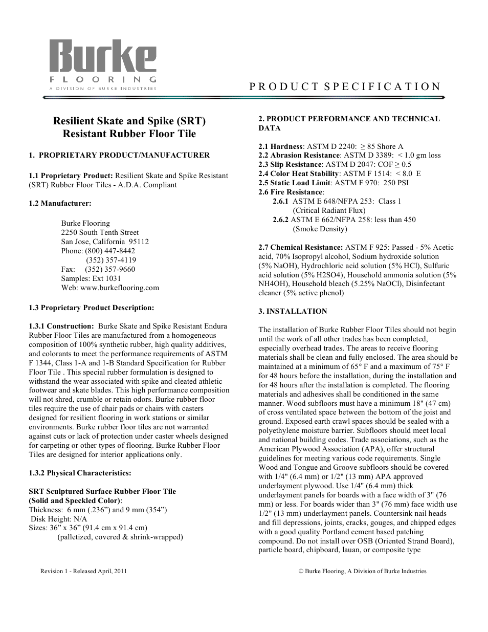 Burke Flooring Endura SRT User Manual | 2 pages