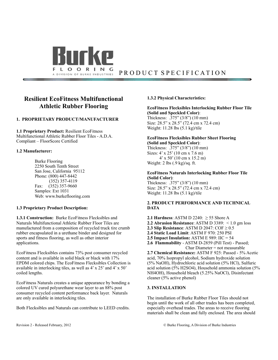 Burke Flooring EcoFitness Naturals User Manual | 2 pages