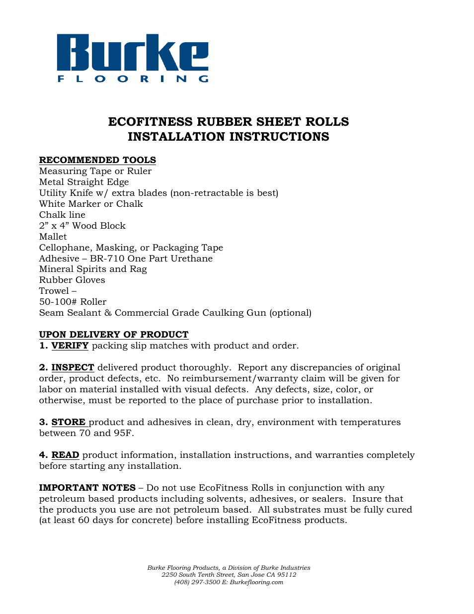 Burke Flooring EcoFitness Rubber Sheet Rolls Installation User Manual | 8 pages