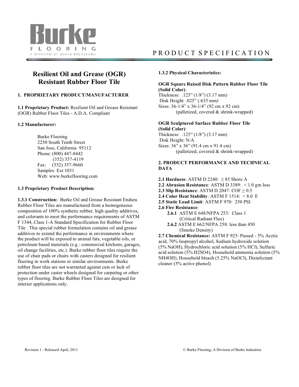 Burke Flooring Resilient Oil and Grease (OGR) User Manual | 2 pages