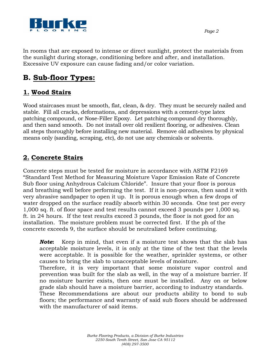 B. sub-floor types, Wood stairs, Concrete stairs | Burke Flooring Stair Tread Installation User Manual | Page 2 / 8
