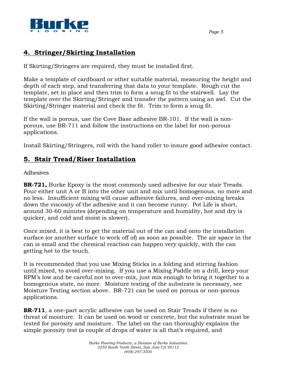 Adhesives, Stringer/skirting installation, Stair tread/riser installation | Burke Flooring Stair Tread Installation User Manual | Page 5 / 8