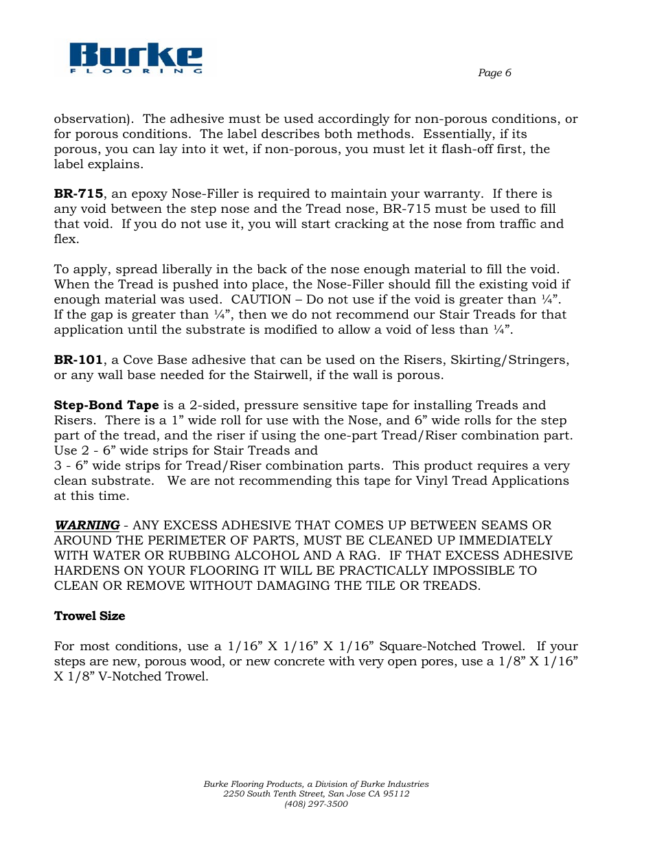Trowel size | Burke Flooring Stair Tread Installation User Manual | Page 6 / 8