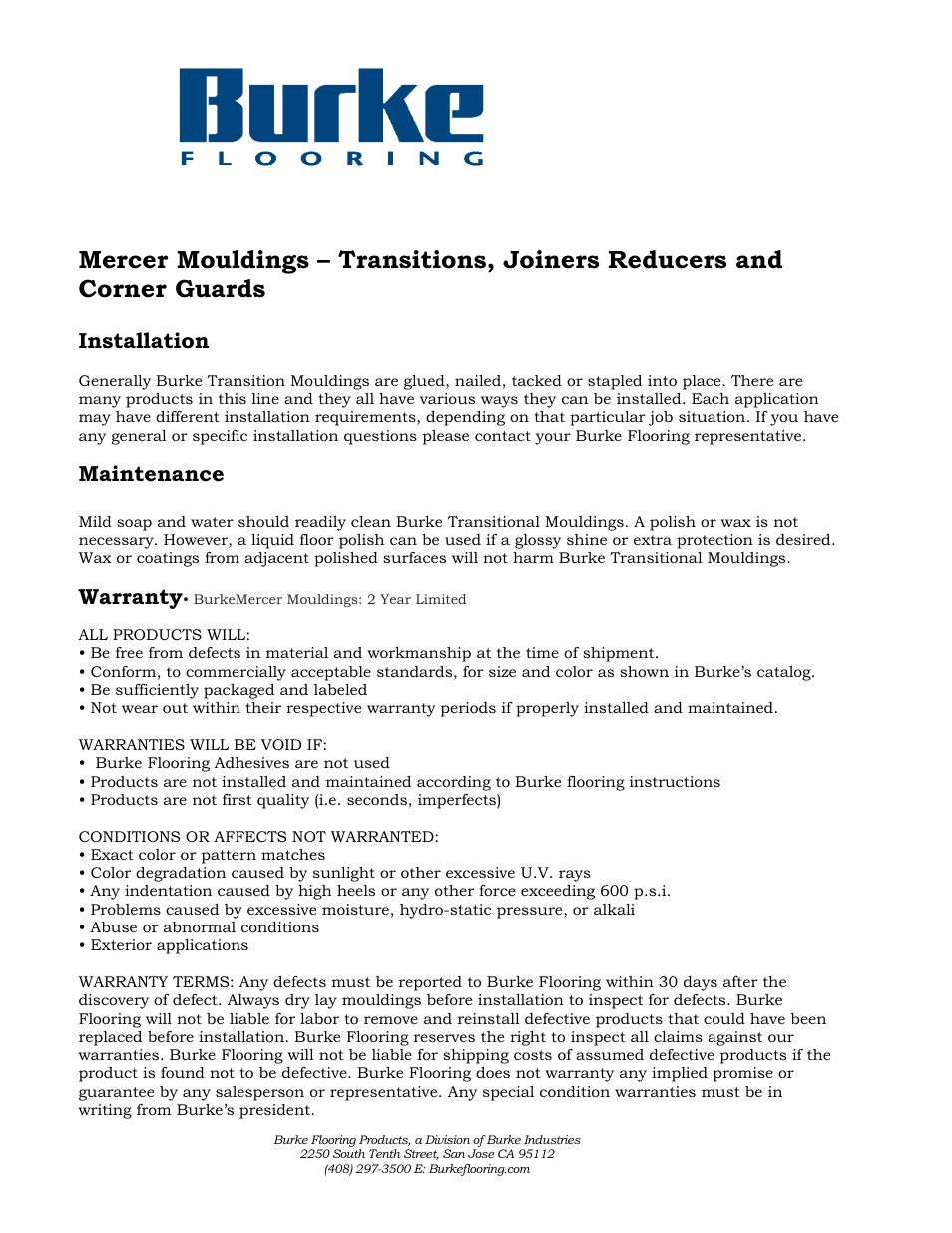 Burke Flooring Mercer Mouldings – Transitions, Joiners Reducers, Corner Guards Installation User Manual | 1 page