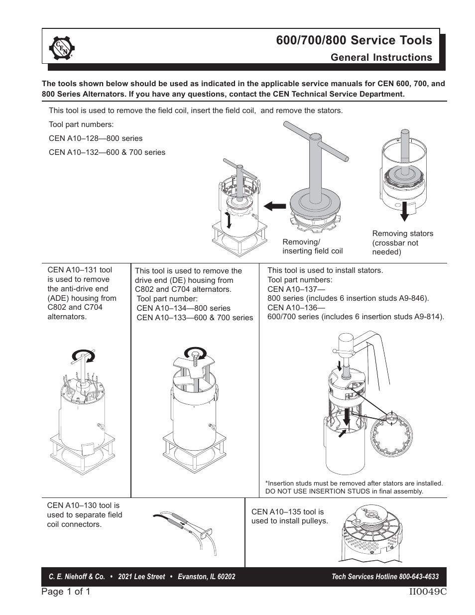 C.E. Niehoff & Co. 600/700/800 Service Tool User Manual | 1 page