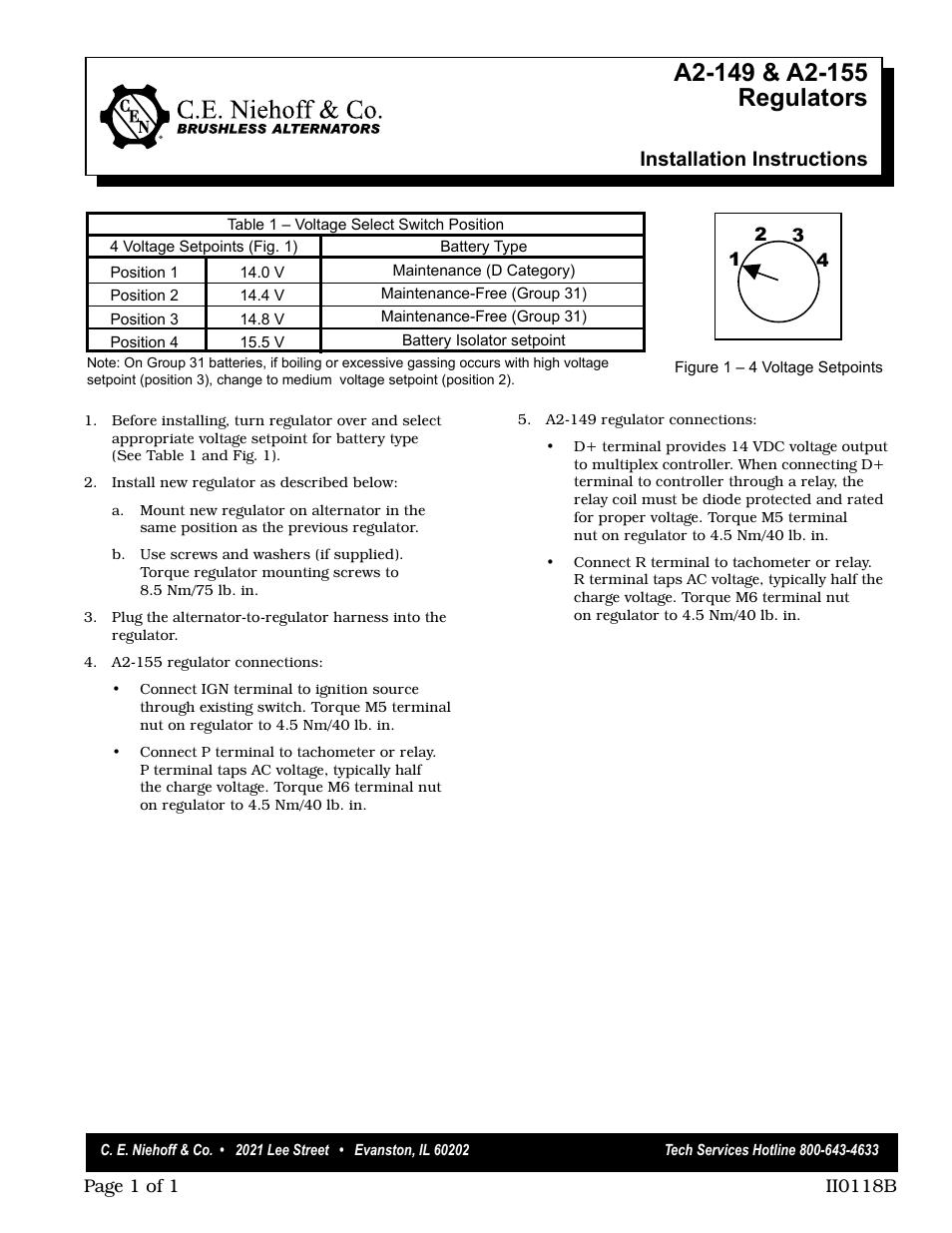 C.E. Niehoff & Co. A2-149/A2-155 Regulator Installation User Manual | 1 page