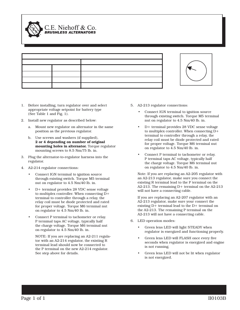 C.E. Niehoff & Co. A2-213/A2-214 Regulator Installation User Manual | 1 page