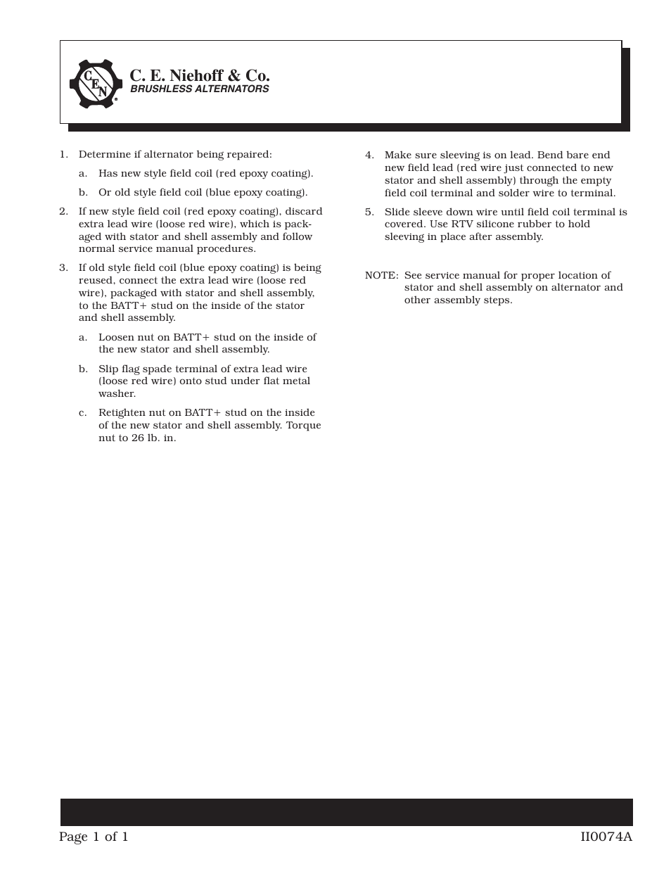 C.E. Niehoff & Co. A7-113/114/115 Stator & Shell Assy Replacement User Manual | 1 page