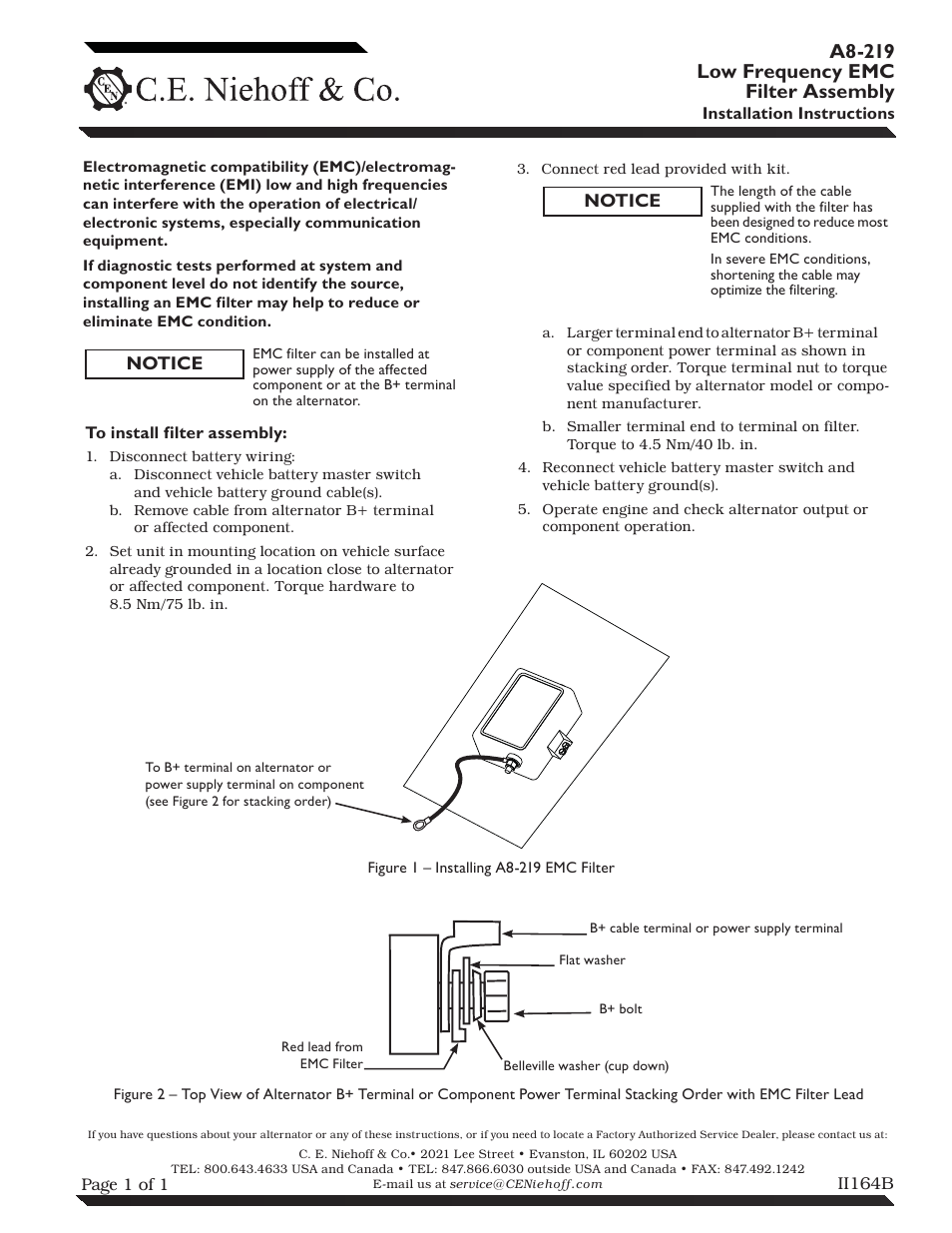 C.E. Niehoff & Co. A8-219 Low Frequency EMC Filter Assembly Installation User Manual | 1 page