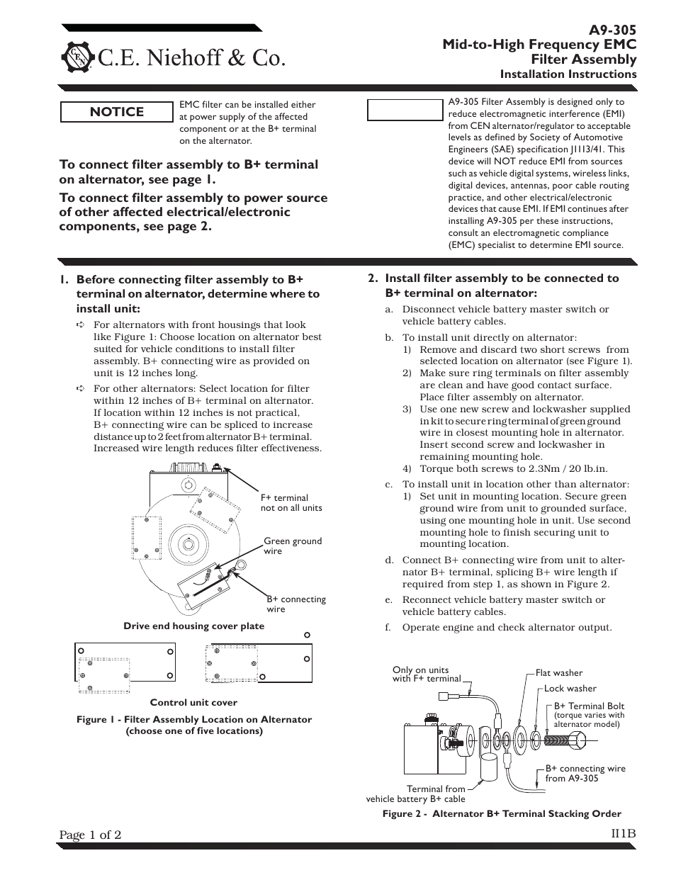 C.E. Niehoff & Co. A9-305 Med-to-High Frequency EMC Filter Assembly Installation User Manual | 2 pages