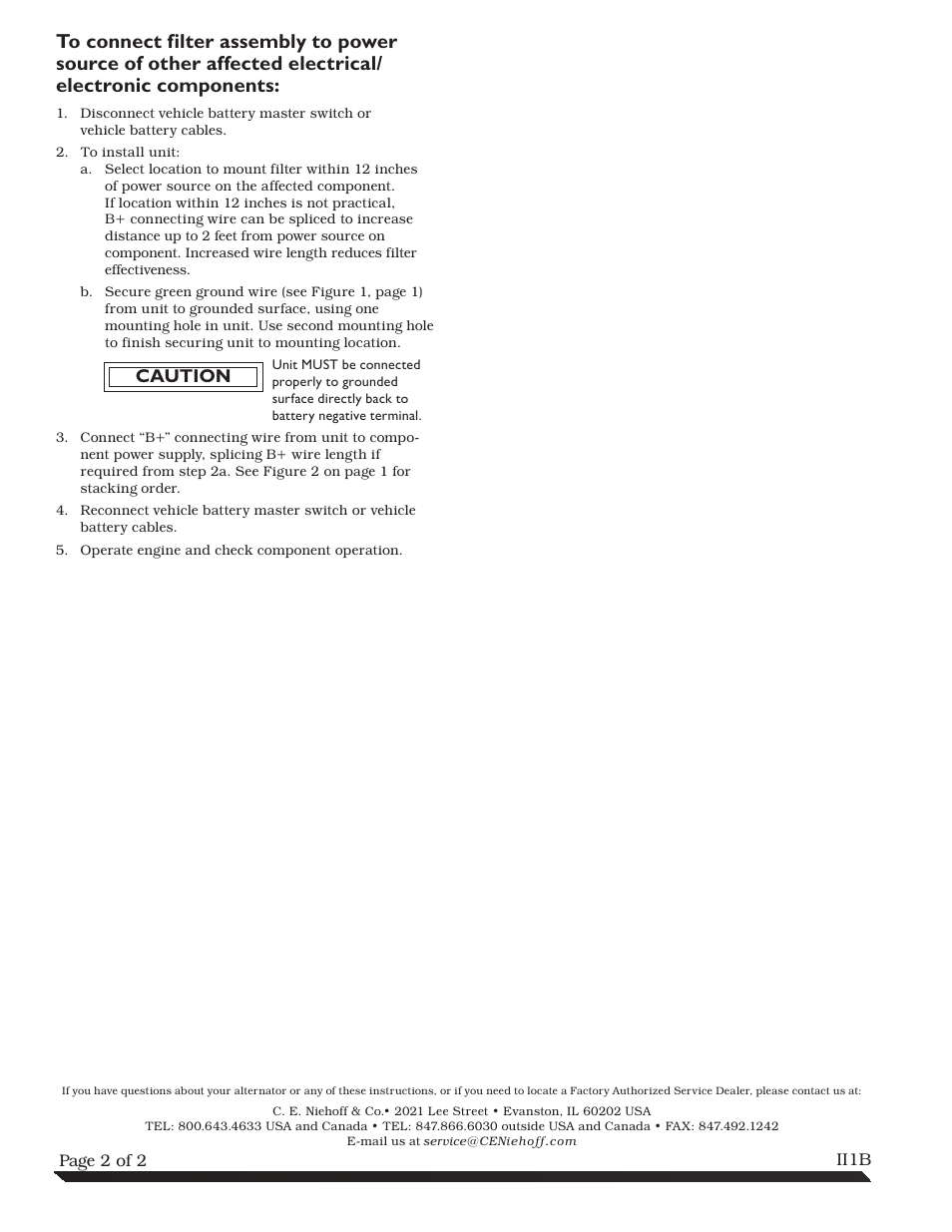 Caution | C.E. Niehoff & Co. A9-305 Med-to-High Frequency EMC Filter Assembly Installation User Manual | Page 2 / 2