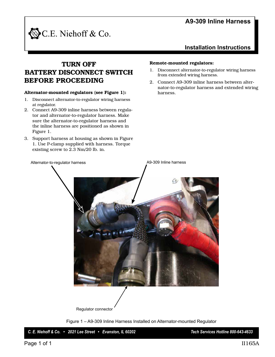 C.E. Niehoff & Co. A9-309 Inline Harness Instructions User Manual | 1 page