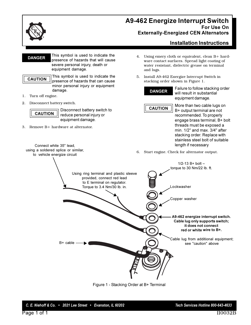 C.E. Niehoff & Co. A9-462 Energize Interrupt Switch Installation User Manual | 1 page