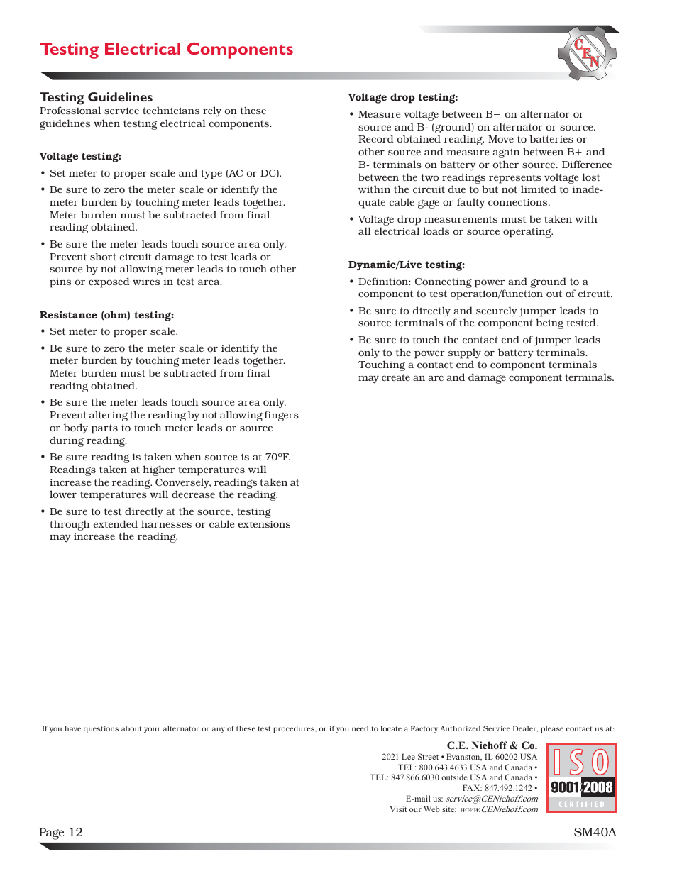 Testing electrical components, Testing guidelines | C.E. Niehoff & Co. C130/C131/C132 Inst/Parts Rep/TG Combo Guide User Manual | Page 12 / 12