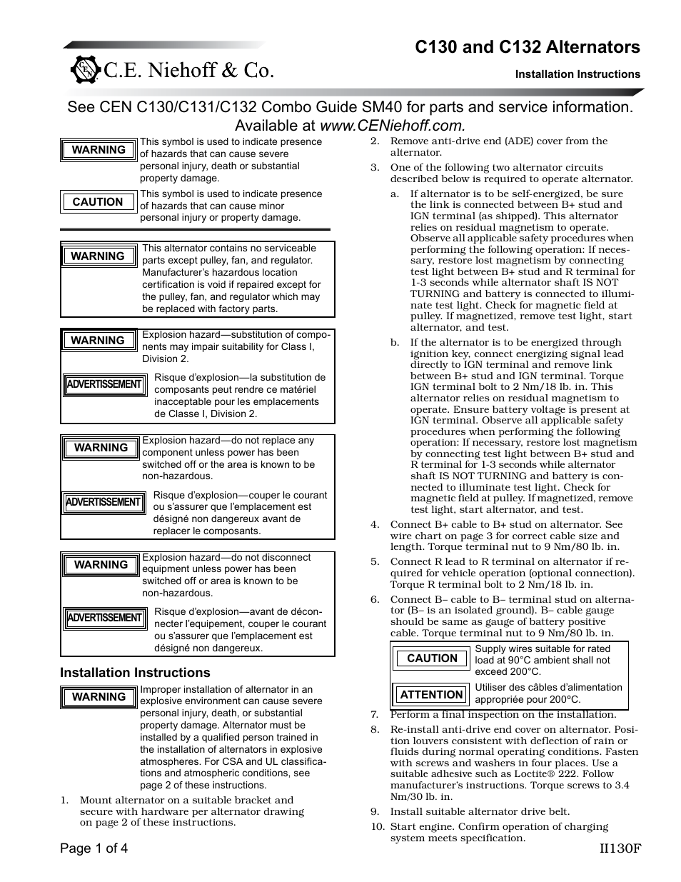 C.E. Niehoff & Co. C130 & C132 Alternator Installation User Manual | 4 pages