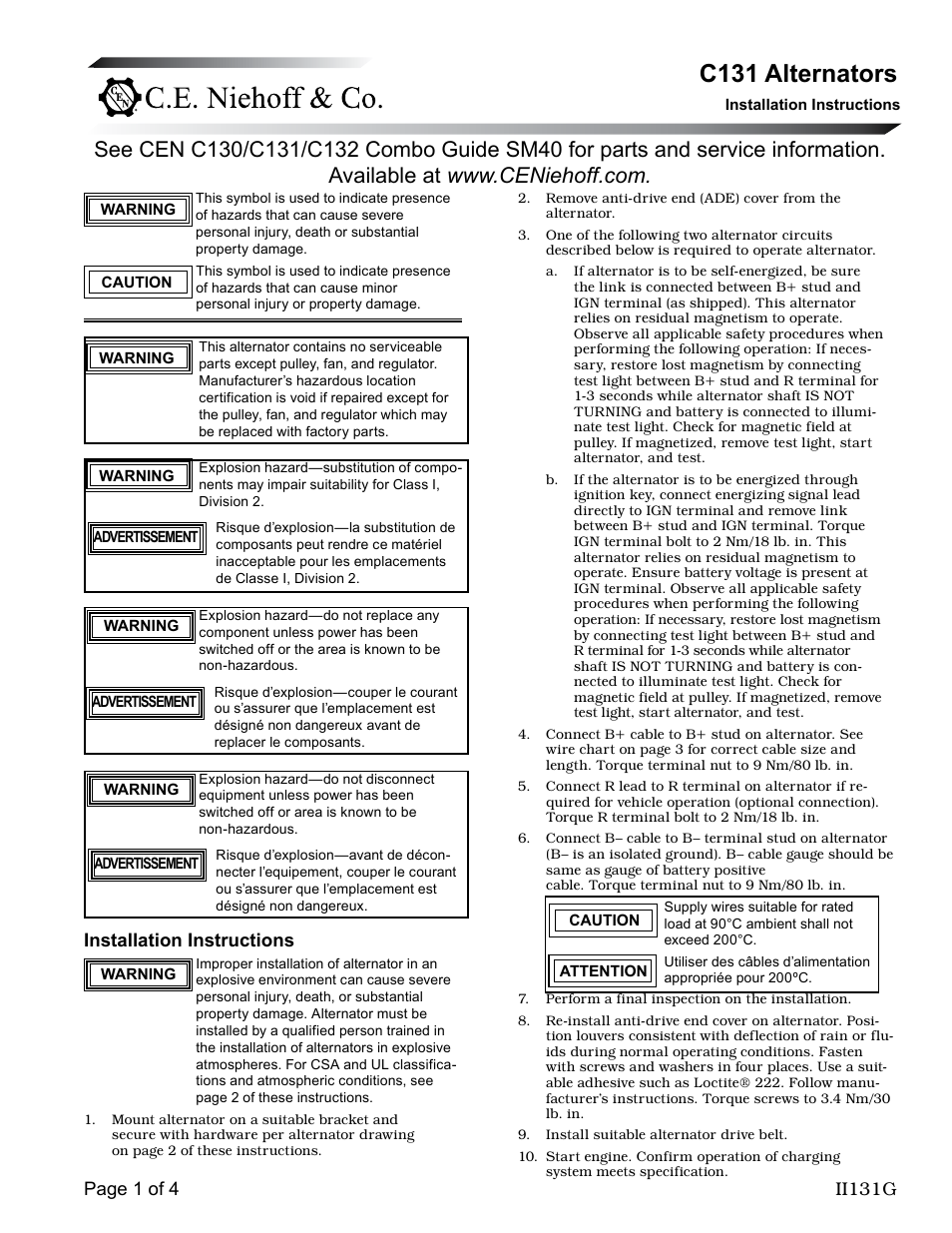 C.E. Niehoff & Co. C131 Alternator Installation User Manual | 4 pages