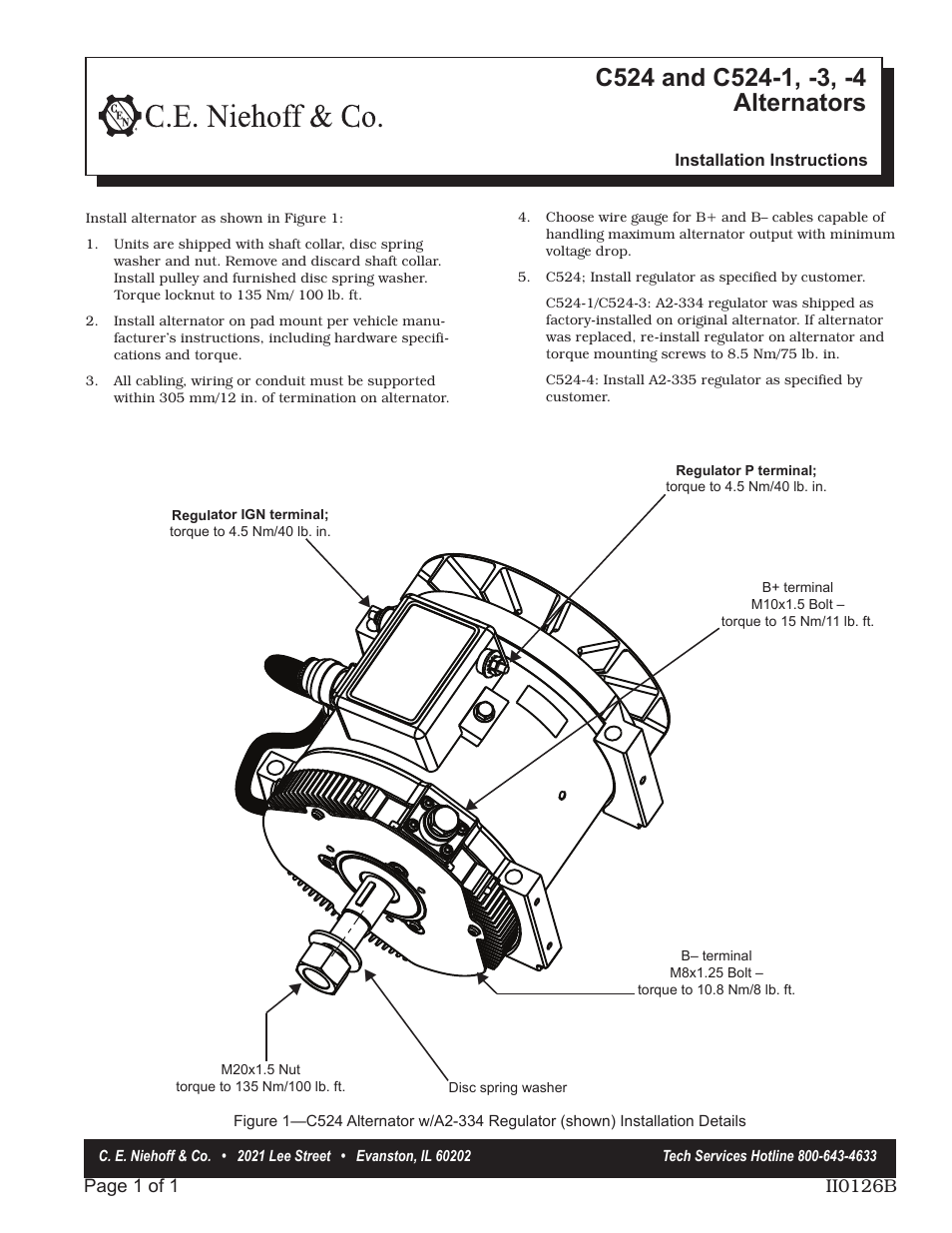 C.E. Niehoff & Co. C524, C524-1, -3, -4 Alternator/A2-334 & A2-335 Regulator Installation User Manual | 1 page