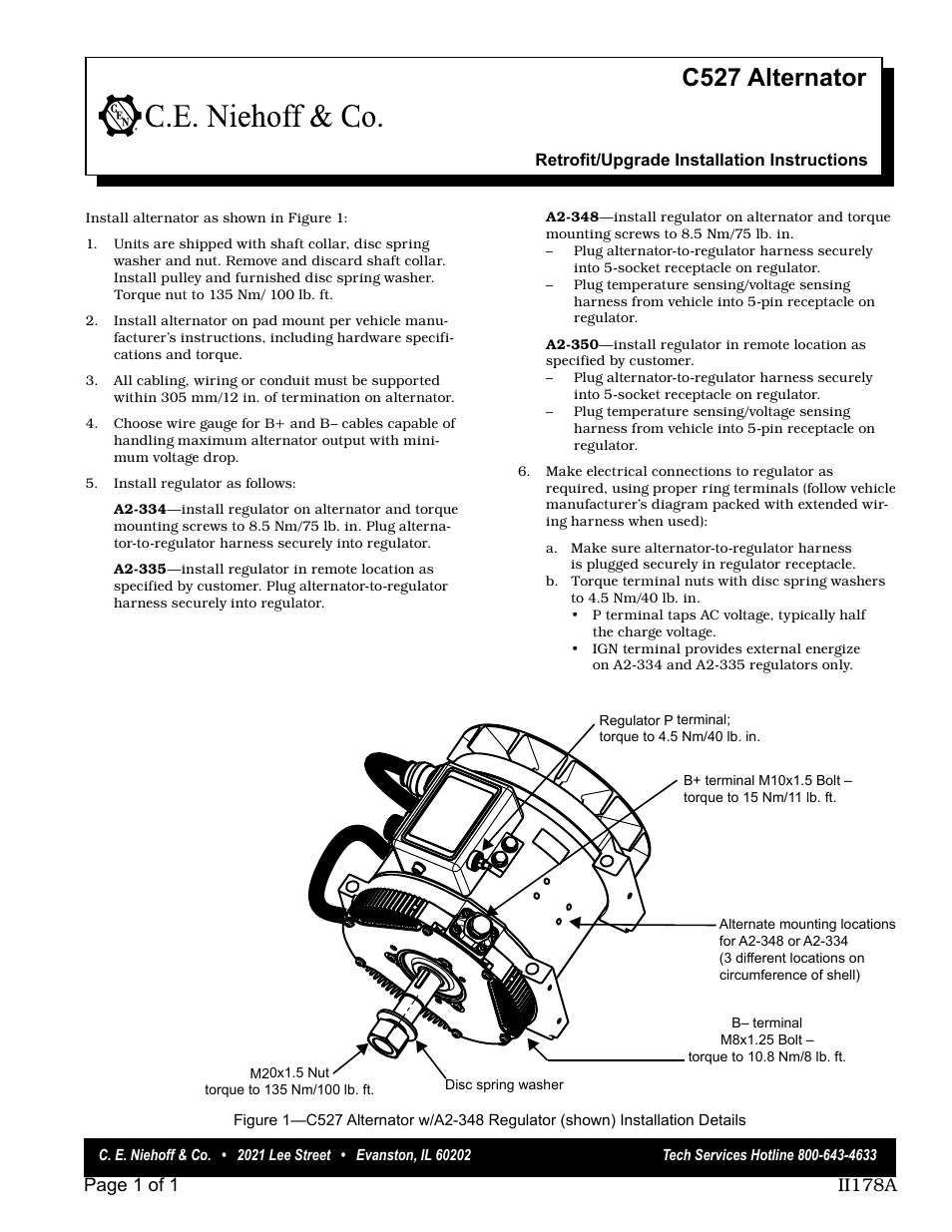 C.E. Niehoff & Co. C527 Alternator Installation User Manual | 1 page