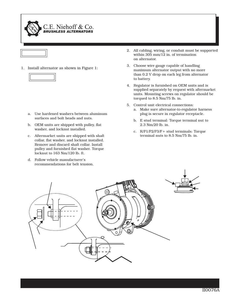 C.E. Niehoff & Co. C619, N1222, N1223, A1-607, & A1-608 Alternator Installation User Manual | 1 page