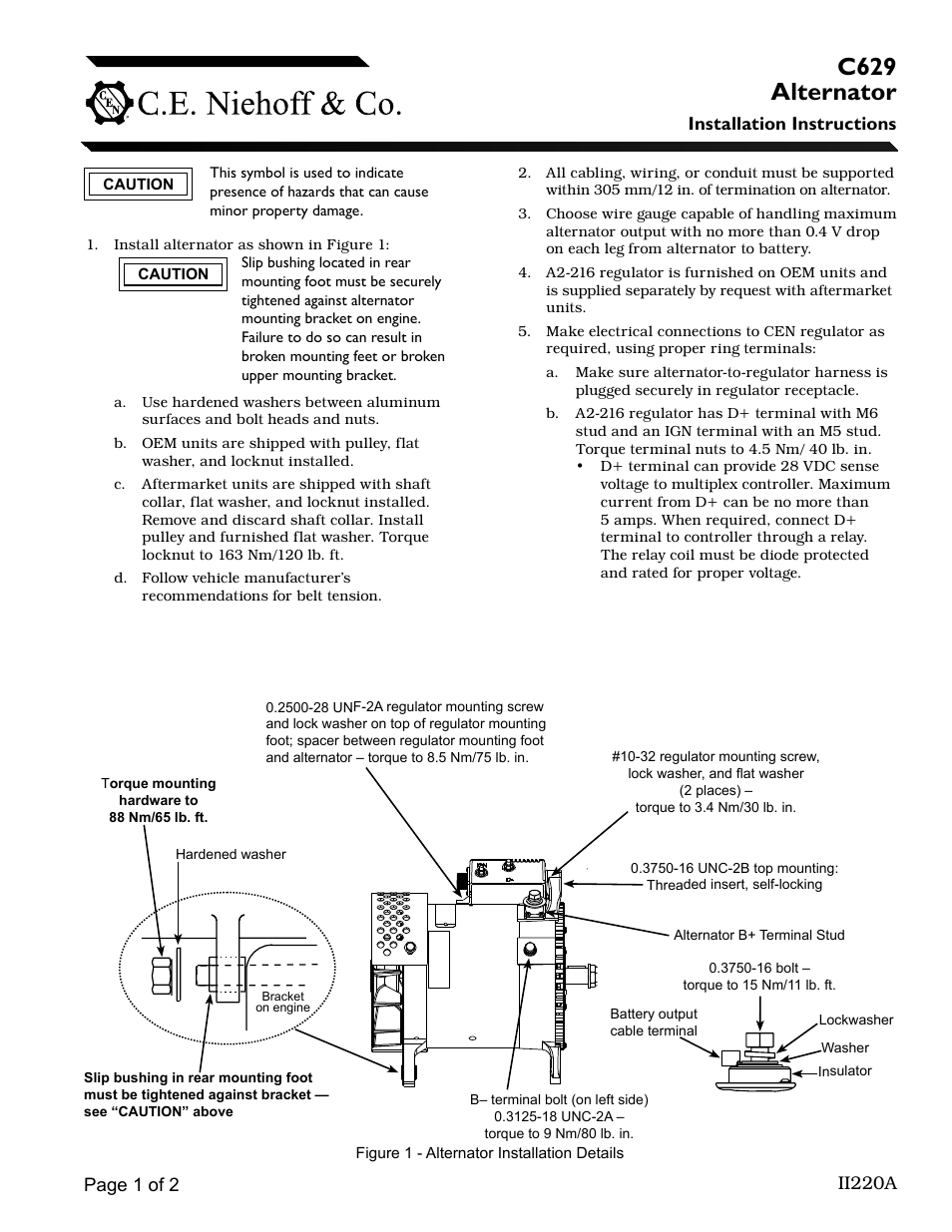 C.E. Niehoff & Co. C629 Alternator Installation User Manual | 2 pages