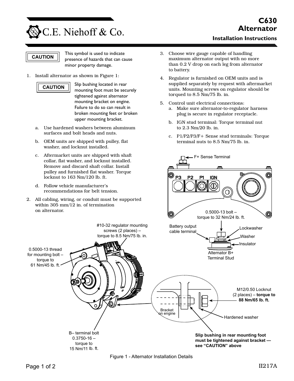 C.E. Niehoff & Co. C630 Alternator Installation User Manual | 2 pages