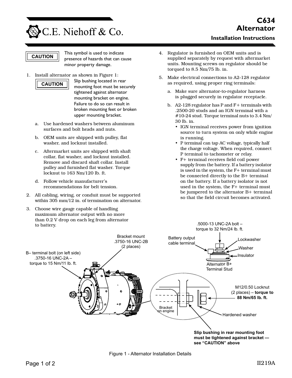 C.E. Niehoff & Co. C634 Alternator Installation User Manual | 2 pages