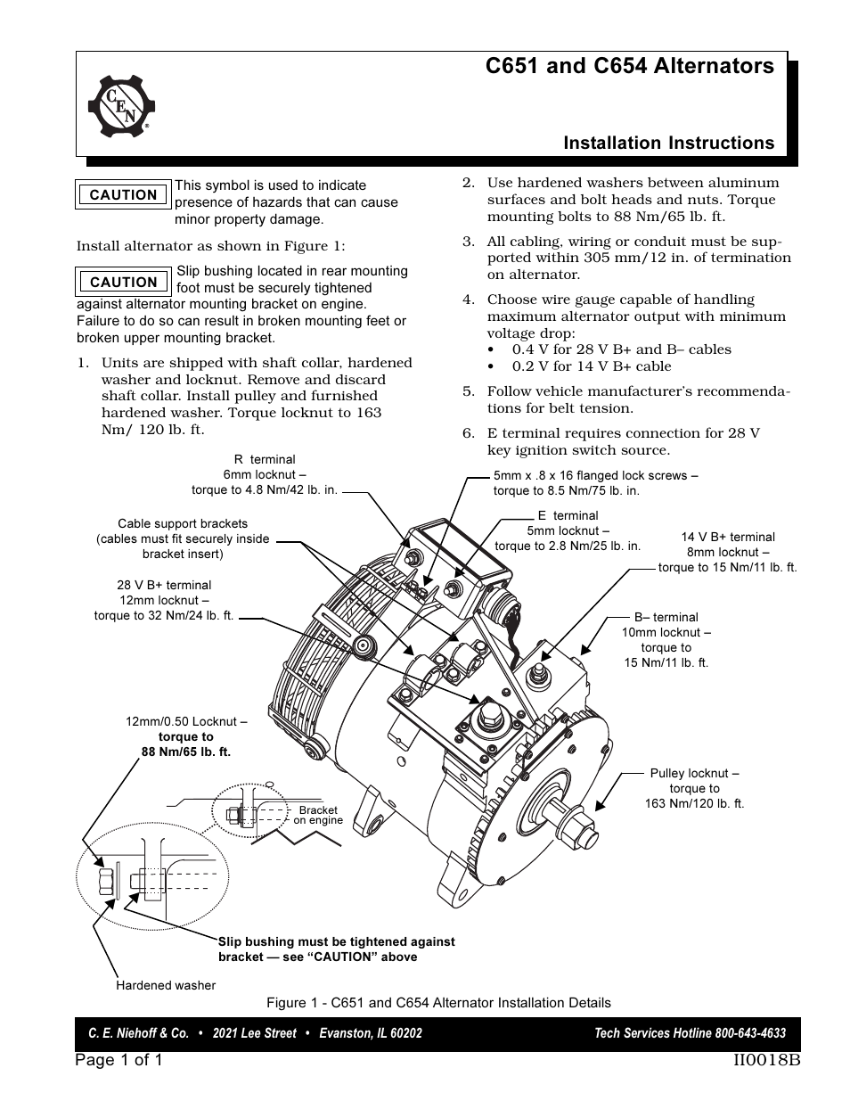 C.E. Niehoff & Co. C651 & C654 Alternator Installation User Manual | 1 page