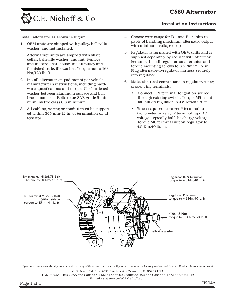 C.E. Niehoff & Co. C680 Alternator Installation User Manual | 1 page