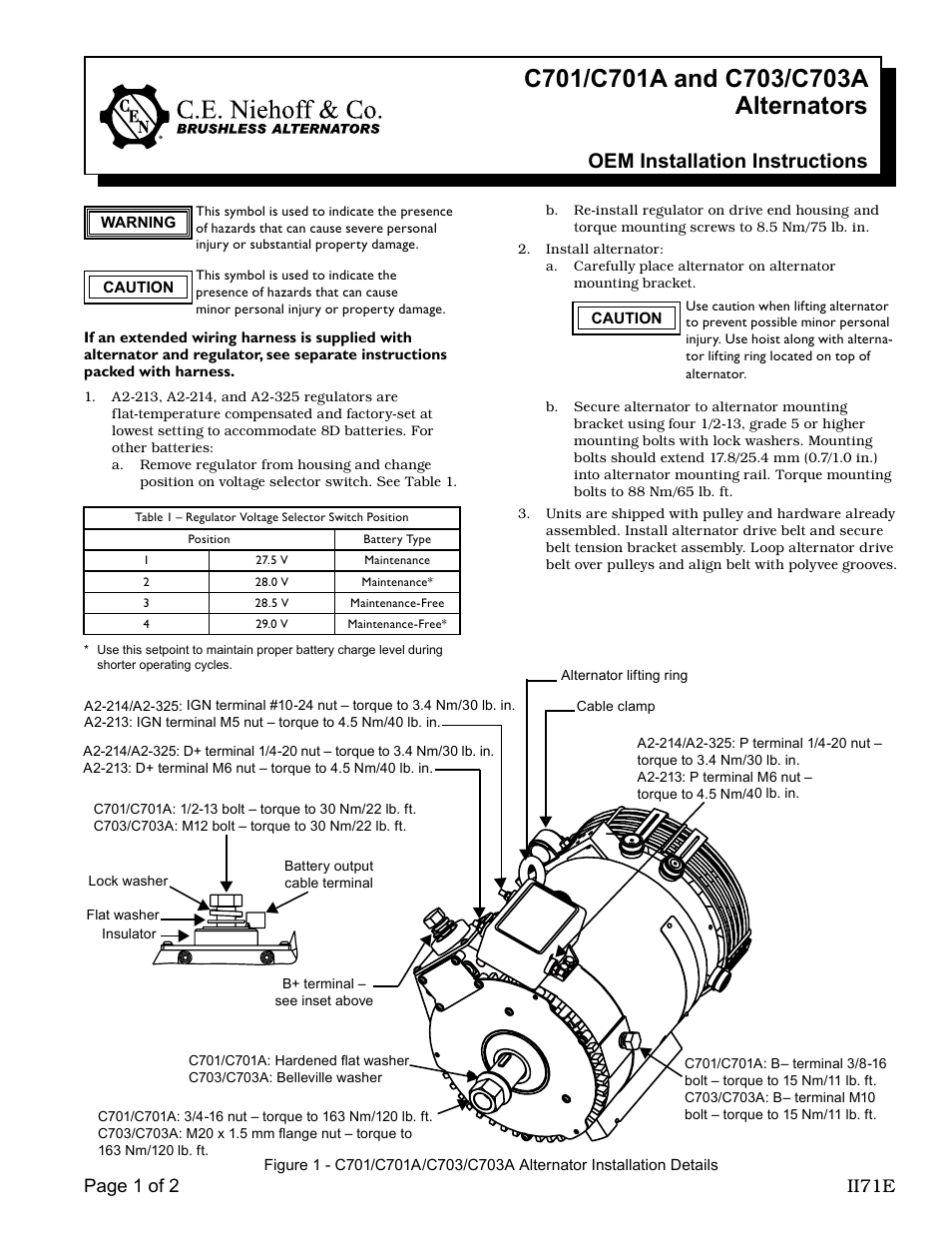 C.E. Niehoff & Co. C701etc/C703etc Alternator OEM Installation User Manual | 2 pages