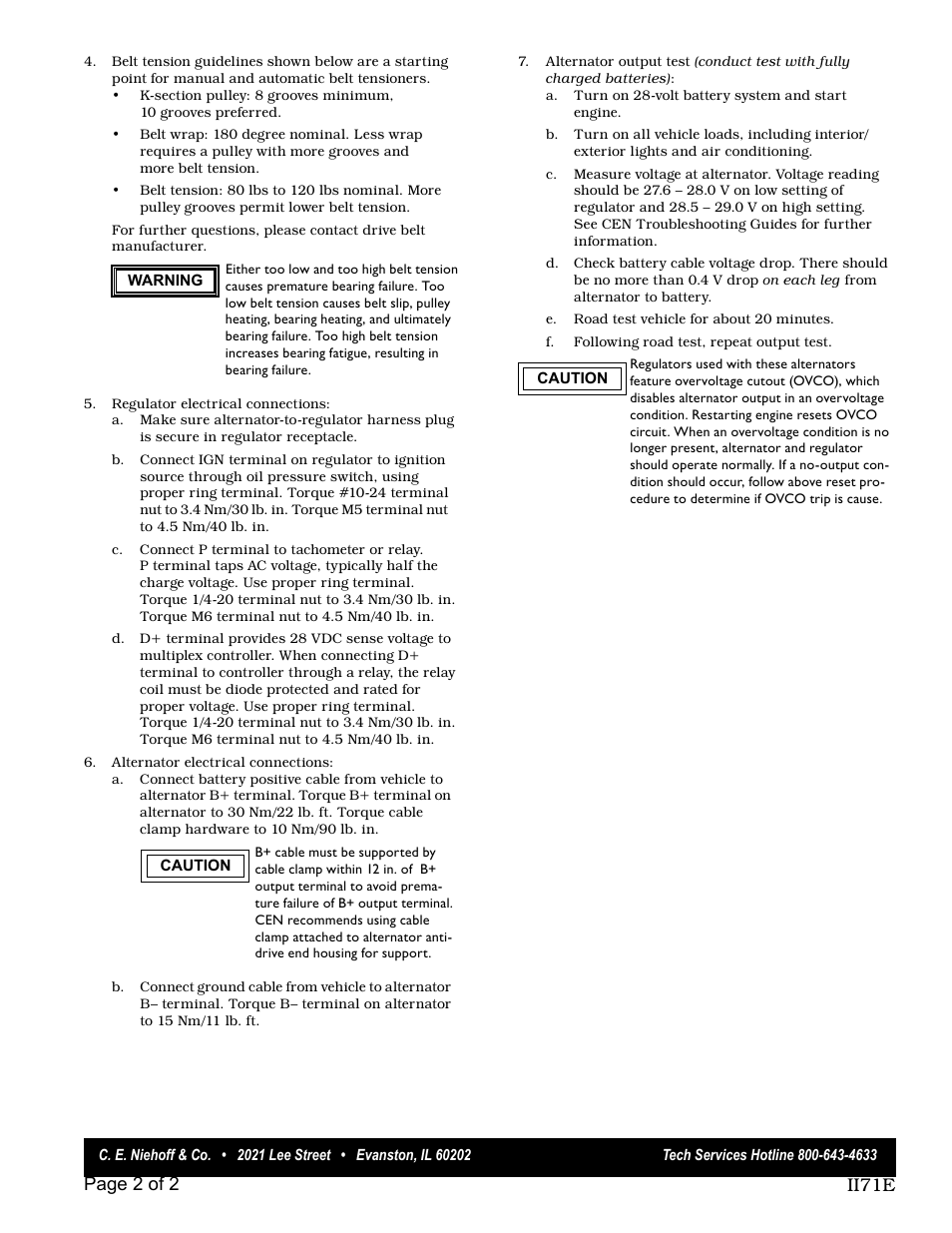 Ii71e page 2 of 2 | C.E. Niehoff & Co. C701etc/C703etc Alternator OEM Installation User Manual | Page 2 / 2