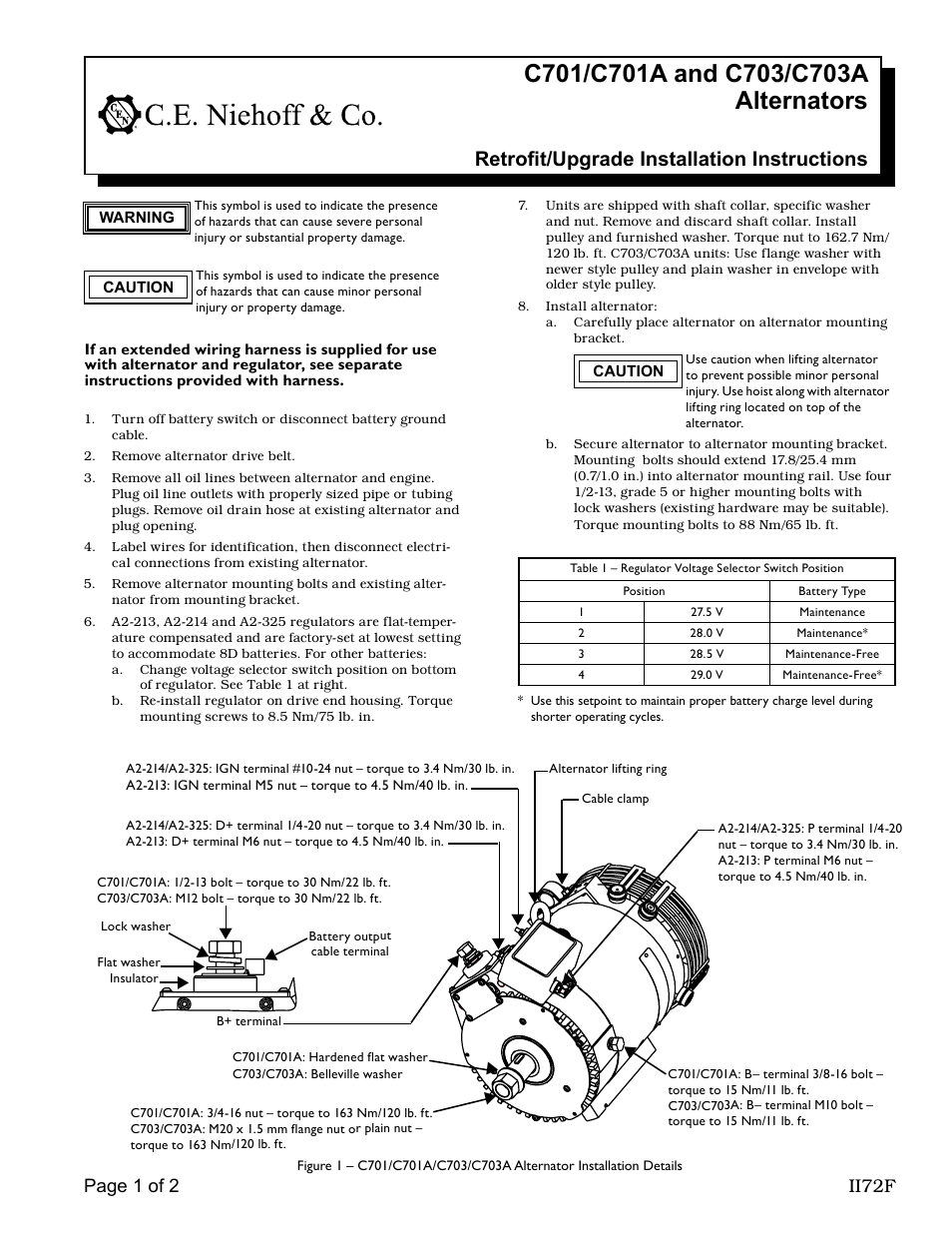 C.E. Niehoff & Co. C701etc/C703etc Alternator Retrofit/Upgrade Installation User Manual | 2 pages